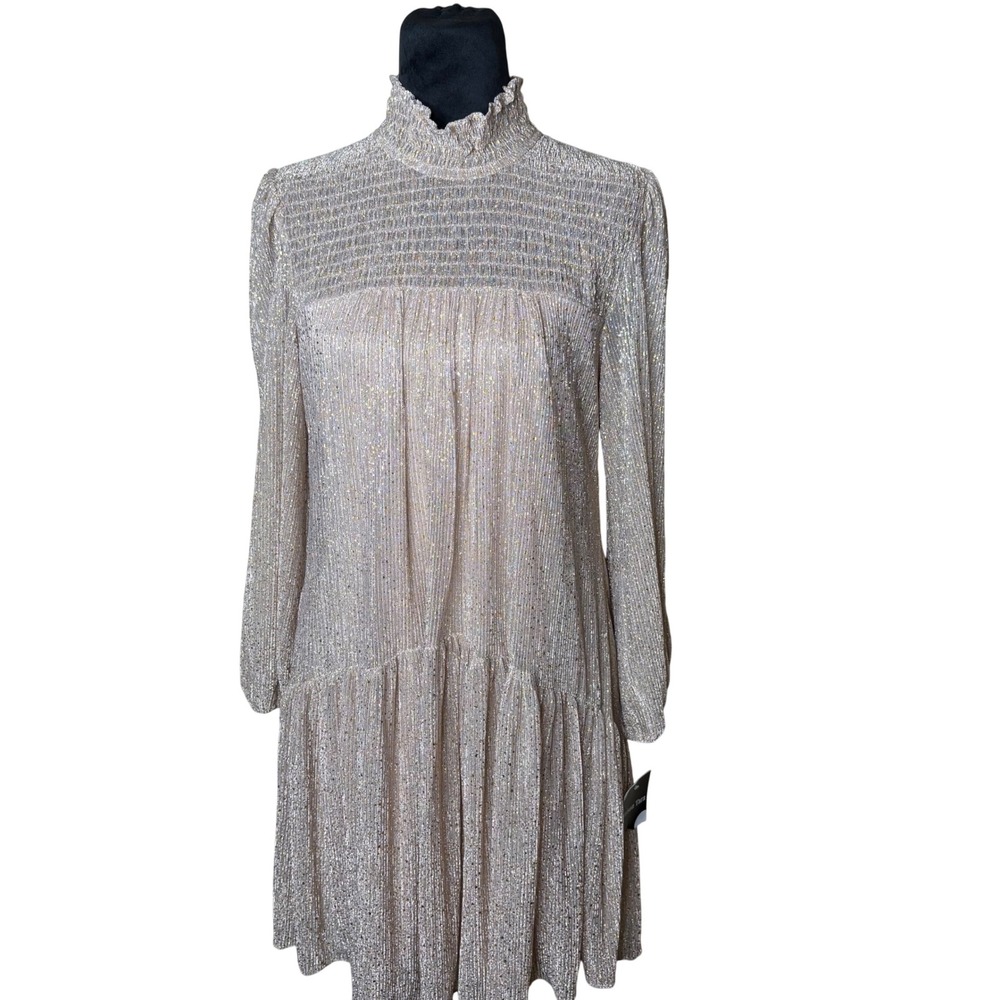 NEW Maison Tara Light Gold Metallic Smocked Mock Neck Plisse Tiered Dress 10